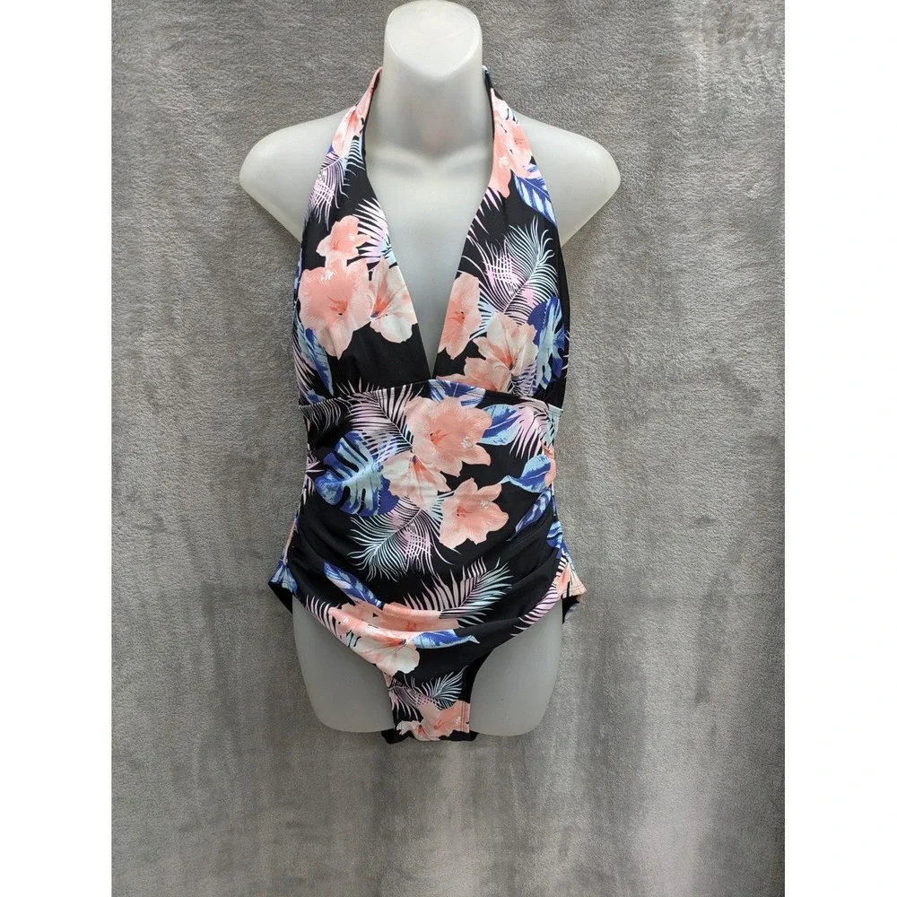 DKNY Swimsuit Womens XL Halter Shirred Floral Print Black One Piece Retail $118 - Picture 1 of 11